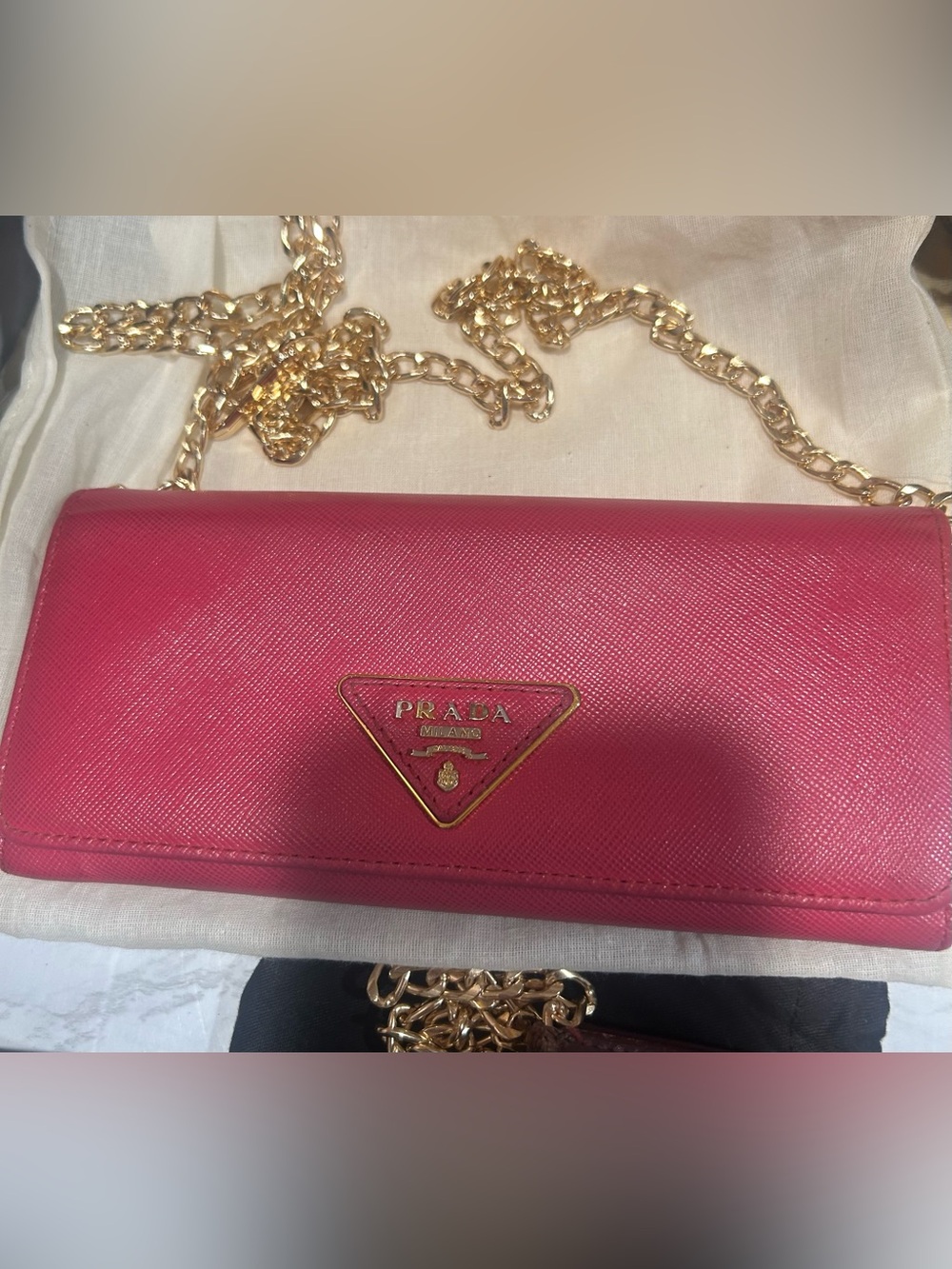 Prada Saffiano Leather Pink Wallet on Chain WOC Gold Chain Crossbody